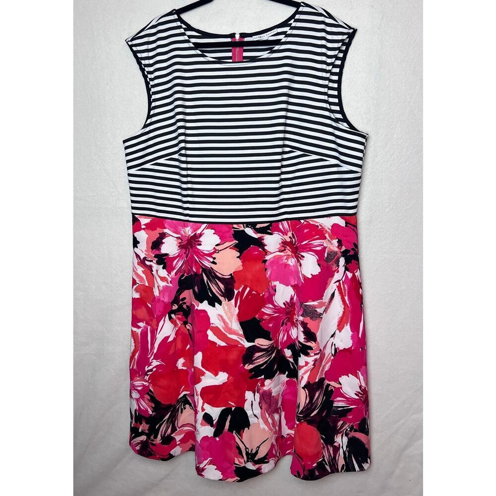 Sandra Darren Black Striped Pink Red Floral A-Line Sleeveless Dress Size 22W